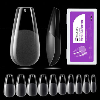 Gelike ec Medium Coffin Nail Tips: 240PCS Soft Gel Tips for Nail Extensions Coffin Shaped Full Cover Gel X Nail Tips Pre Etched - PMMA Resin Clear False Nails Press on Nails 10 Sizes, MEDIUM COFFIN