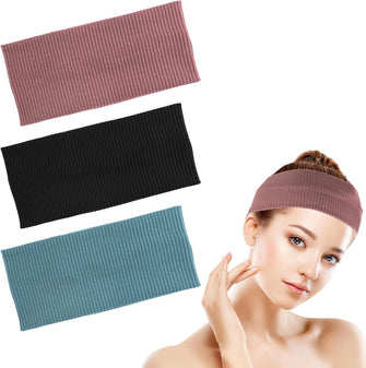 9 cm Wide Headbands, 3 Pack Stretchy Jersey Hairwarp Plain Cotton Bandanas Elastic Unisex Bandeaux, Soft Breathable Plain Head Band for Yoga Makeup Running Gym Exercise (Black Blue Pink)