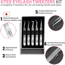 GTEX Lash Eyelash Extension Tweezers Set of 5, Japanese Stainless Steel Tools Straight Curved 45 90 Degree Angled Tip, Volume Tweezers Precision - Silver