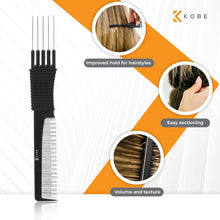 Kobe Pro Metal Prong Comb - Effortlessly Add Volume and Control to Hair, Ergonomic Design, Dual-Sized Teeth, Stainless Steel section Pins  Ideal for Back-combing, Root Lift, Sectioning and Smoothing. - Durable, Anti-Static, and Chemical Resistant