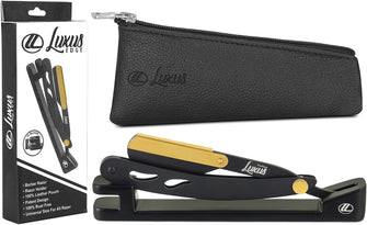 Luxus Edge Barber Razor  Straight Razor  Barber Razor Kit  Razor Stand  Genuine Leather Travel Pouch  3 pcs Shaving Gift Box  Shaving Razor (Gold)