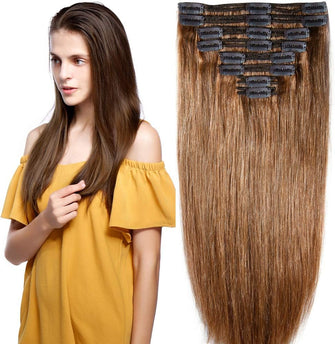 Hair Extensions Real Human Hair Clip in Double Weft Remy Hair 20 inch 150g 6 Light Brown Full Head Set 8 Pieces Long Straight