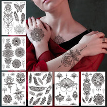 8 Sheets Unique Black Temporary Tattoo Stickers Sexy Realistic Flower Body Art Feather Mandala Waterproof Large Big Arm Tattoos Sheet Lace Indian Bride Sexy Wedding Tatoos for Adults Women Girls