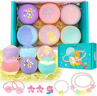 Canvalite Girls Kids Bath Bombs with Surprise Inside 6 Pcs Handmade Bath Bombs Kits Mermaid Gifts for Girls Skin Friendly and Safe Natural Bath Bombs Spa Fizzy Bubble Bath with Little Girls Jewelry