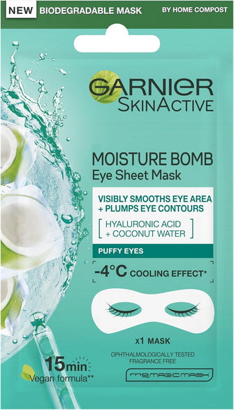 Garnier Moisture Bomb Coconut Water Eye Mask, With Hyaluronic Acid And Coconut Water, Hydrating & Replumping Under Eye Mask, Reduce Appearance of Fine Lines, Biodegradable and Vegan Tissue Mask, 6g