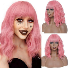 Pastel Pink Wigs For Women Girls 14inch Quality Short Curly Wavy Bob Wigs With fringe Shoulder Length Wig Party Cosplay Fancy Dress Wigs