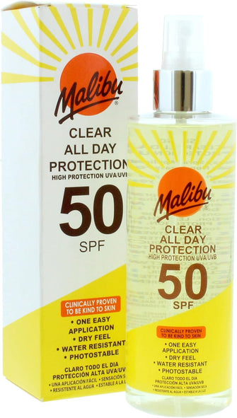 Malibu Sun SPF 50 Clear Spray Sunscreen, High Protection, Dry Feel, Water Resistant, 250ml