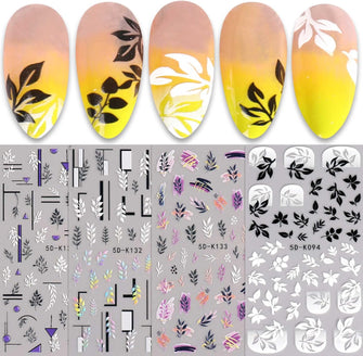 JMEOWIO 3D Embossed Spring Flowers Nail Art Stickers Decals Self-Adhesive 5D Black White Floral Nail Supplies Nail Art Design Decoration Accessories 4 Sheets