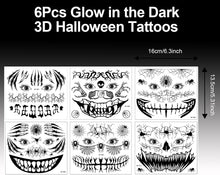 Day of the Dead Face Tattoo,Glow in the Dark Halloween Tattoos,3D Witch Skull Big Mouth and Spider Web Bat Temporary Tattoos as Halloween Costumes for Women Men Adult Halloween Make Up Accessories