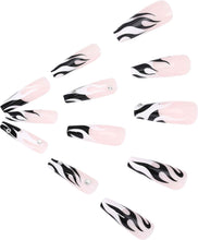 Neckon Coffin Flame False Nails Black and White Long Fake Nails Rhinestone Press on Nails Bellarina Glitter Acrylic Stick on Nails for Women and Girls (24pcs)