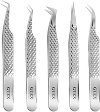 GTEX Lash Eyelash Extension Tweezers Set of 5, Japanese Stainless Steel Tools Straight Curved 45 90 Degree Angled Tip, Volume Tweezers Precision - Silver