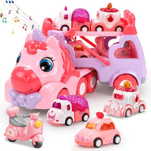JQLM 5 IN 1 Unicorn Toy Girl Cars, Carrier Truck Toys for Girls Toddlers with Sound&Light, Birthday Christmas Toys Gifts for 2 3 4+ Year Old Baby Girls Boys Kids (Pink)