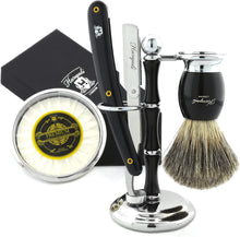 Haryali London Shaving Kit - 5pc Shaving Set - Super Badger Shaving Brush - Cut Throat Shaving Razors - Shaving Soap - Shaving Bowl - Shaving Stand - Black