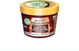 Hair Mask for Dry, Curly Hair  Cocoa Butter Hair Food by Garnier Ultimate Blends, 3-in-1: Pre Shampoo, Conditioner 97% Natural Origin  100% Vegan Formula 390 ml