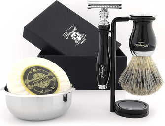 Haryali London Shaving Set, 5 Pc Men Shaving Kit, Double Edge Safety Razor, Synthetic Hair Shaving Brush, Shaving Soap, Shaving Bowl, Shaving Stand, Black Color Grooming Set as Gift