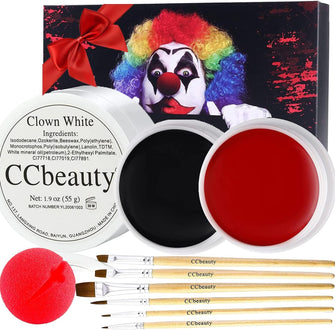 CCbeauty Clown Makeup Kit Professional White Black Red Face Paint Joker Dress Up with 6 Wooden Brushes,Red Nose,Foundation Cream for Vampire Halloween Red Nose Day