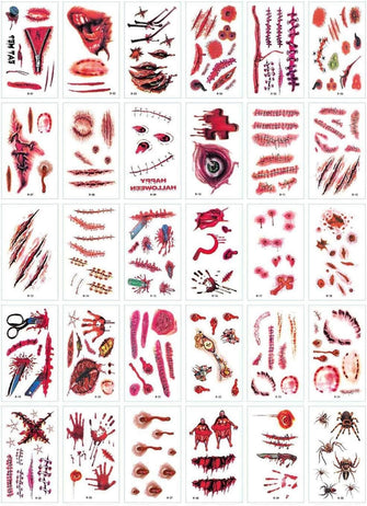 Halloween Tattoos, 30 SheetsTemporary Tattoo, Realistic Halloween Zombie Scars Wounds Tattoos, Bleeding Fake Bloody Scar Wound Scab Stickers for Halloween Cosplay Party