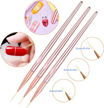 FULINJOY 3 Pcs Rose Gold Nail Art Liner Brushes Set, UV Gel Acrylic Application Nail Pens Nail Art Designs Tools(7mm/9mm/11mm)