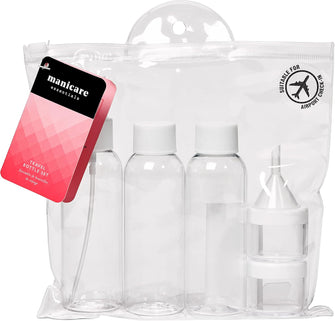 Manicare Travel Bottles, Leak Proof Refillable Set, Clear Containers And Bottles For Liquids, Gels And Creams, Shampoo, Cleanser, Shower Gels, Transparant Zip Bag, For Holiday And Business Travel