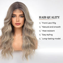 HAIRCUBE Long Curly Front-Lace Nature Wigs for Women Middle Part Wavy Looking Heat Resistant Fiber Synthetic Wigs Brown Ombre Blonde