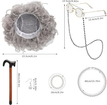 Invalidism Old Lady Fancy Dress Set,9 Pcs Granny Wig Cap Pearl Necklace Earrings Bracelet Cane Glasses with Chain Accessories Kit for Halloween World Book Day Masquerade Carnival