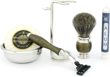 Haryali London Shaving Kit - 6pcs Gold antique - Shaving Set - Badger Shaving Brush - 3 edge Shaving Blade Shaving Razor - Shaving Stand - Shaving Soap - Shaving Bowl - Alum Stick