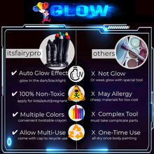 itsfairypro Glow Face Paints Body Painting Kit, Neon Glow In The Dark Body Paints White/Red/Blue/Yellow/Orange/Green Water Reactive Twistable Pen Marker For Halloween Rave SFX Party