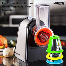 Geepas 200W 4 in 1 Electric Salad Maker  Electric, Multi Grater, Fruit Cutter, Vegetable Slicer, Shredder  Food Processor, Cylinder Design with 4 Cone Blades Set  2 Year Warranty