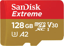 SanDisk 128GB Extreme microSDXC card +SD adapter, microSD card for smartphones, action cameras, drones, V30, up to 190 MB/s, SanDisk QuickFlow Technology, RescuePro Deluxe, UHS-I, 4k, V30, A2, U3