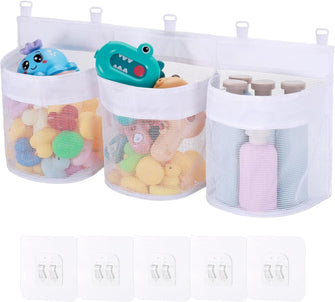 Huiguli Large Bath Toy Storage Organizer, 60cm Mesh Baby Bath Toy Storage with 3 Compartment Large Openings, Quick Drying Bath Toy Net Bath Toy Tidy with 5 Strong Suction Hooks