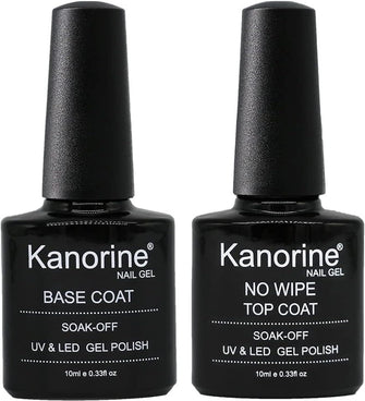 Kanorine Base and Top Coat Gel Nail Polish Set, UV LED Soak Off Gel Nail Polish No Wipe Top Coat Base Coat, Gel Nail Varnish Lacquer Manicure Nail Salon Set,Glossy Shine Long Lasting 10mlx2