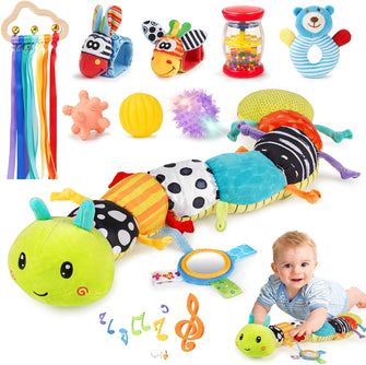 Joyreal Baby Toys 0-6 Months, 10pcs Newborn Sensory Toys Set, Baby Musical Caterpillar Toys, Rattles, Ribbons, Baby Essentials Baby Sensory Box, Newborn Baby Gifts for 3 6 9 12 Months