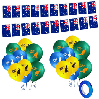 Jc.upin 5M Australian Flag Bunting Banner by 20 Pcs Small Australian Flags,18Pcs Kangaroo Balloons Australia Day Balloons and Silvery Grey Ribbons for Australian Party Decorations,Baby Shower Party
