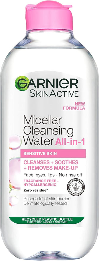 Garnier Micellar Cleansing Water For Sensitive Skin 400ml, Gentle Face Cleanser & Makeup Remover, Fragrance Free, Recognised By The British Skin Foundation, Use With Reusable Micellar Eco Pads