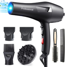 HappyGoo,Black Professional Hair Dryer 2400W AC Motor Fast Drying Salon Ionic Hairdryer with 2 Speed, 3 Heat Setting, Cool Button, with Diffuser, Nozzle, Concentrator Comb for Curly and Straight Hair