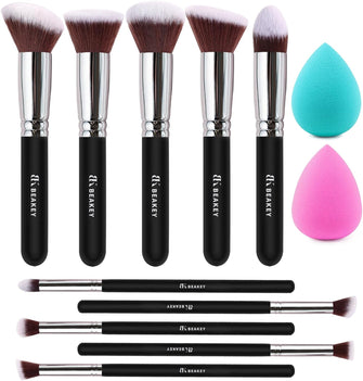 BEAKEY Diversity Makeup Brushes 12 Pcs Makeup Kit, Premium Synthetic Kabuki Foundation Face Powder Concealers Eyeshadow Blush Brushes Makeup Brush Set, with 2pcs Blender Sponges (Black/Silver)