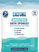 Endure Rinse Free bath sponge Wipes - Body Wash Wipes for Adults Bathing - Travel Body Wipes Perfect for Camping, Festivals, and Travel - Sponge Wipes (25 Sponges Per Pack). Just add water.