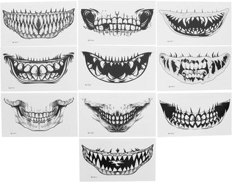 Lurrose Halloween Face Tattoos Stickers, 11pcs Day of the Dead Skull Zombie Adhesive Tattoos Horror Mouth Temporary Tattoo Decals for Halloween Party