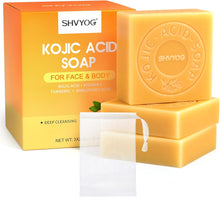 Kojic Acid Soap, Turmeric Soap Bar, Vitamin C Soap Bar, Remove Acne Blackheads Dark Spot, Hyaluronic Acid for Deep Cleansing, Gentle Soap for Face and Body Moisturizing, with A Foaming Net (3 Pack)