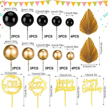 FRIUSATE 36 PCS Black and Gold Cake Decorations Black and Gold Foam Balls Palm Leaves Cake Toppers For Happy Birthday Wedding Anniversary Party Supplies