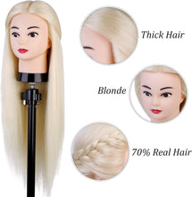 Hairdressing Training Head, TwoWin 24 Inch 80% Real Hair Manikin Cosmetology Doll Head Mannequin Hair Styling with Clamp Stand and Accessories, Blonde, Suitable for Straightening, Curling, Perming