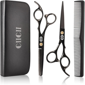 Hairdressing Scissors, CIICII Professional Hair Scissors Set (6.5 Inch Haircut Thinning Grooming Scissors for Hair Cutting Kit) for DIY Home & Hairdresser Barber Salon (Black-8Pcs)