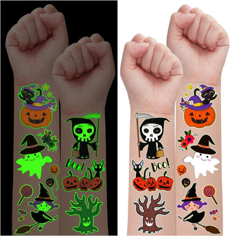 Leesgel Halloween Party Bag Fillers, 24 Sheets Temporary Tattoos for Kids Halloween Decorations, Day of the Dead Costume Accessories, Skeleton/Candy/Pumpkin Face Tattoo Stickers Halloween Toys Gifts