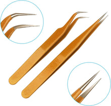 KINBOM 2pcs Lash Tweezers, Stainless Steel Eyelash Extension Tweezers Straight and Curved Tip Eyelash Tweezers (Gold)