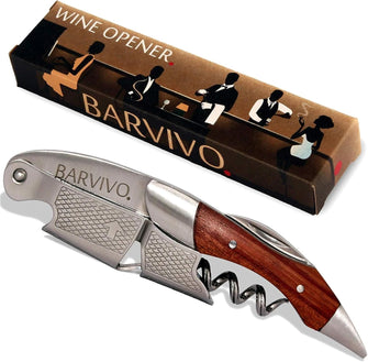 Barvivo Wine Opener with Foil Cutter and Cap Remover - Double Hinged Corkscrew for Bartenders - Stainless Steel Wine Key for Easy Bottle Opening - Manual Wine Bottle Opener - Rosewood, 12x1.5x3 cm
