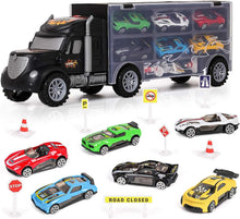m zimoon Car Transporter Truck Toy, Transport Car Carrier Truck Toy Set with 8pcs Accessories and 6pcs Mini Metal Cars Gift for 3-12 Years Old Boys Girls Children
