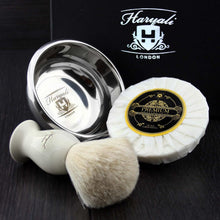 Haryali London 4 Pc Mens Shaving Kit 3 Edge Razor with White Badger Hair Shaving Brush, Soap and Bowl Perfect Set for Men