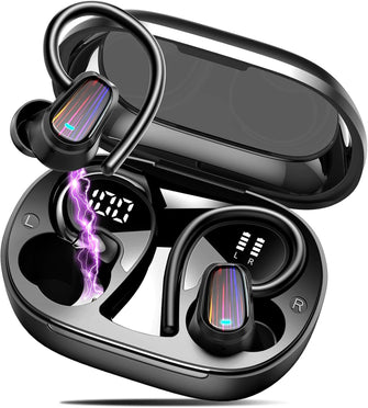 OYIB Wireless Earbuds Sport, Mini Bluetooth 5.4 Headphones with 4 ENC Mic, 50H Playtime Wireless Headphones with Earhooks, LED Display, IP7 Waterproof Wireless Earphones for Running/Gym, Black