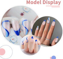 Abstract Almond False Nails Blue Press on Nails Glossy Acrylic Full Cover Lines Acrylic Press on Fake Nails Women Girls 24Pcs