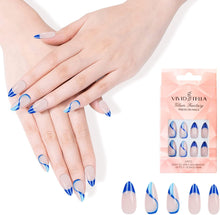 Abstract Almond False Nails Blue Press on Nails Glossy Acrylic Full Cover Lines Acrylic Press on Fake Nails Women Girls 24Pcs